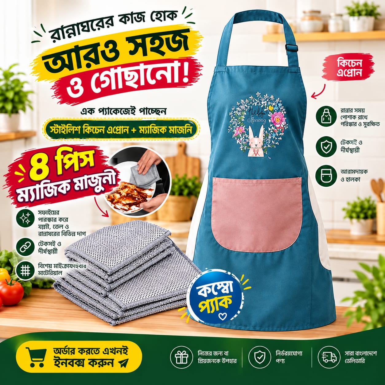 Kitchen Apron & 4 Pcs Magic Cleaning Cloth Combo